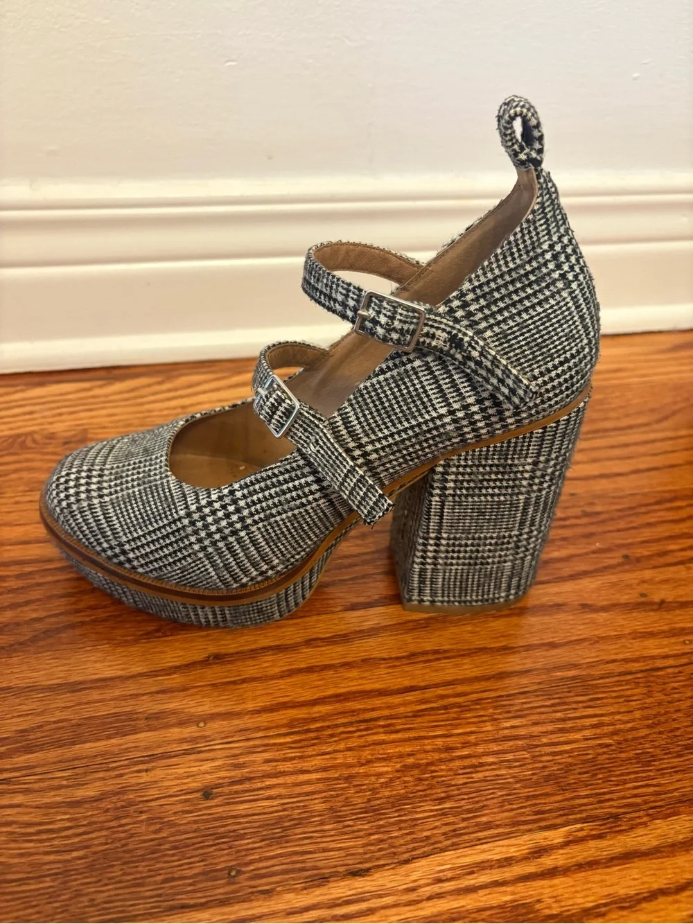 Free People Black and White Plaid Mary Jane Platform Heels